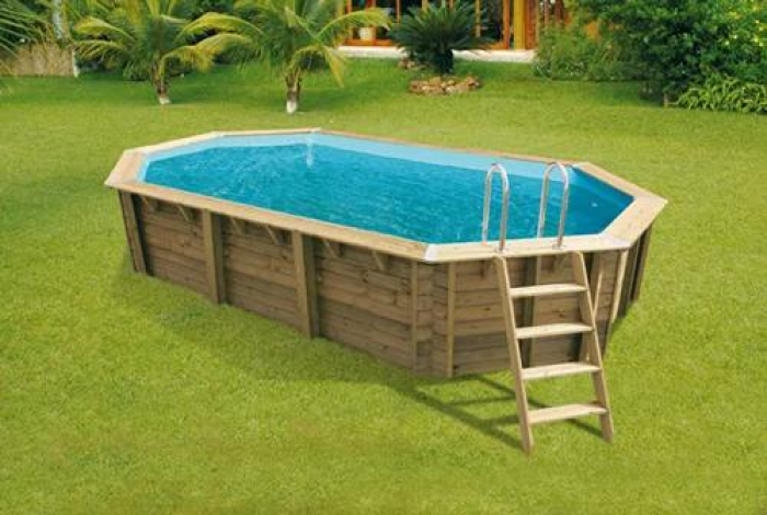 Piscine bois Bahia First 6,70 x 4,00 m H. 1,30 m liner gris